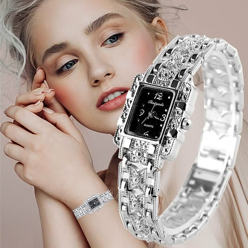 Silberne Damenarmbanduhr mit rechteckigem Zifferblatt, elegantes Design, modisches Accessoire.