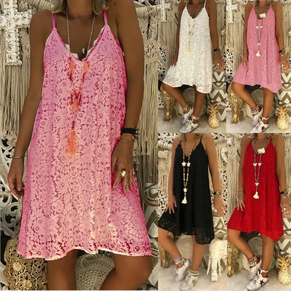 Frau in rosa Spitzenkleid, Sommermode, ärmellos, lässig, Boho-Stil, verschiedene Farben.