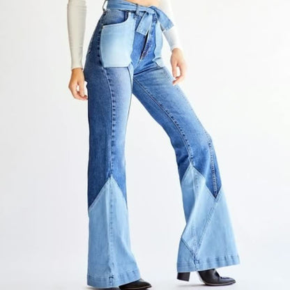 Damen-Jeans mit Schlag, Patchwork-Design, blau, hoher Bund, modisch, aus Denim.