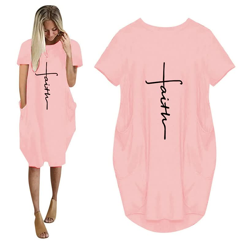 Damen T-Shirt-Kleid rosa mit "Faith"-Aufdruck, lässig, kurzärmelig, Baumwolle.