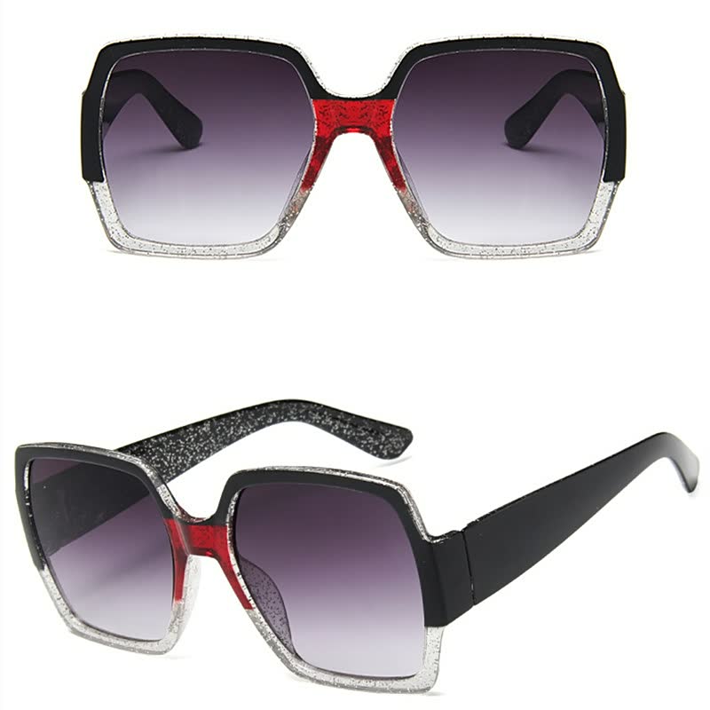 Schwarze eckige Sonnenbrille mit rotem und silbernem Glitzerrahmen, UV-Schutz, modisch.