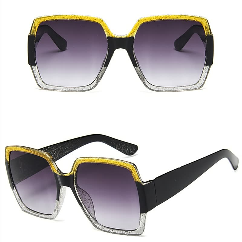 Quadratische Sonnenbrille, schwarz-gold, UV-Schutz, modisch, Damenaccessoire, Retro-Stil.