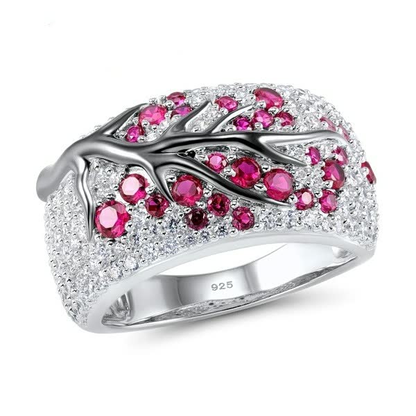 Silberring mit roten Kristallen, Baumdesign, Damenring, Schmuck, 925 Sterling Silber.
