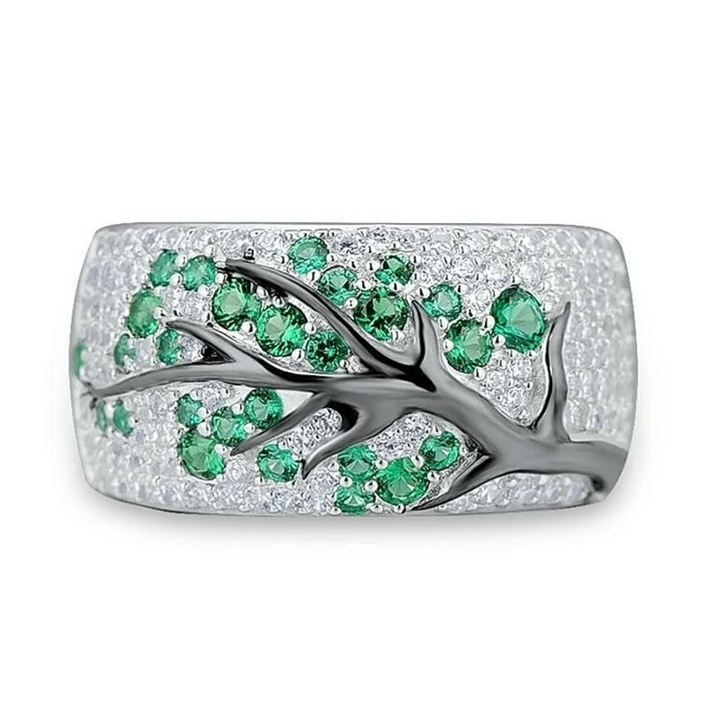 Silberring mit grünen Edelsteinen, Baumdesign, Damenring, Schmuck, luxuriös, Geschenkidee.