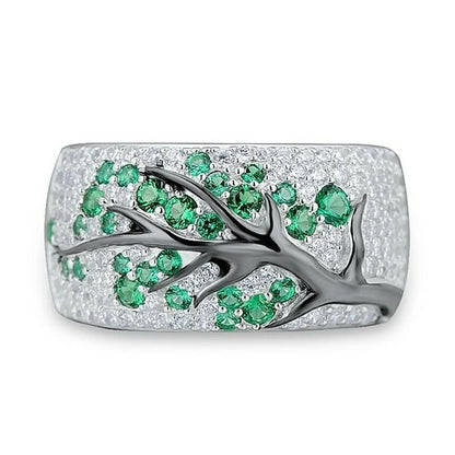 Silberring mit grünen Edelsteinen, Baumdesign, Damenring, Schmuck, luxuriös, Geschenkidee.