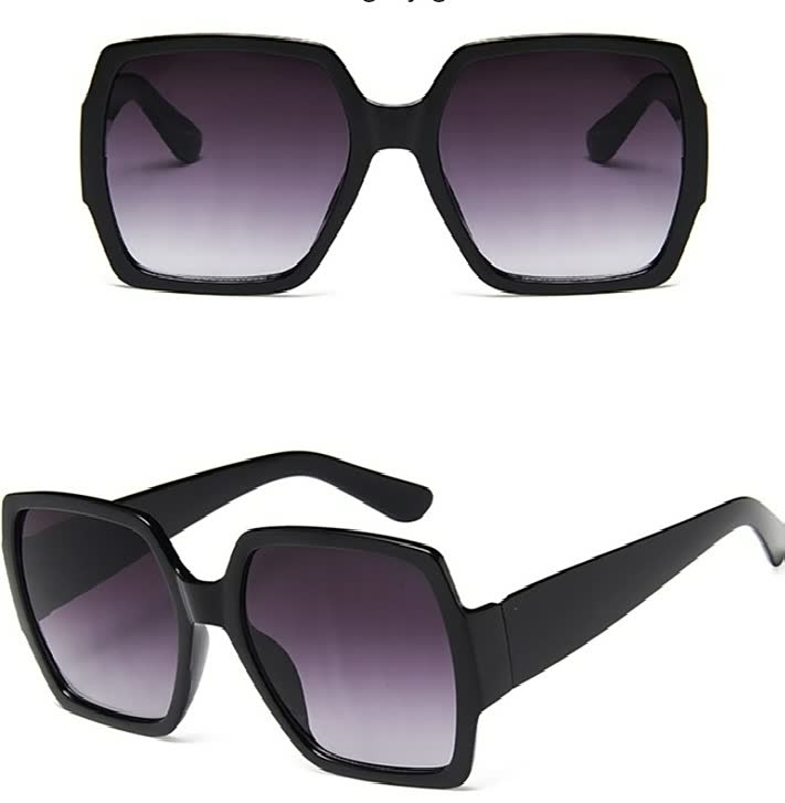 Schwarze eckige Sonnenbrille, UV-Schutz, Unisex, modisch, Kunststoff, lila getönte Gläser.