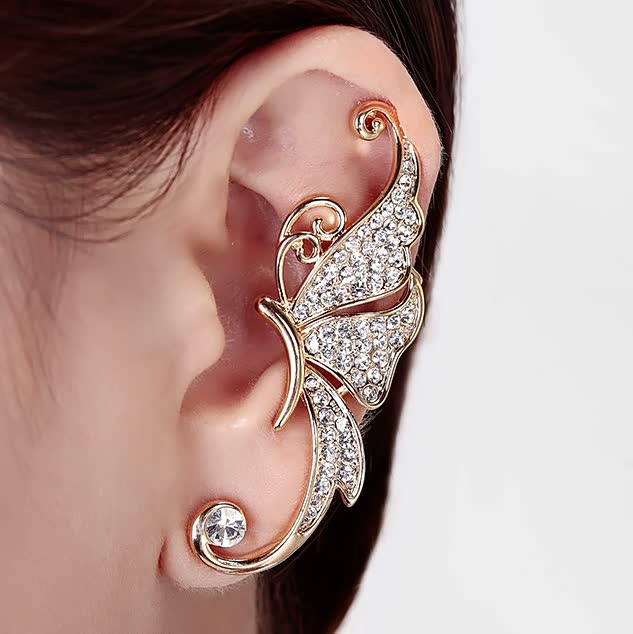 Goldener Schmetterling Ohrclip mit Strasssteinen, eleganter Modeschmuck für Damen.