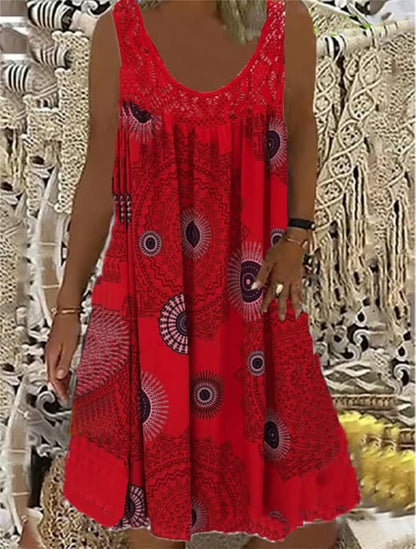 Rotes Sommerkleid mit Mandala-Muster, ärmellos, Damenmode, Boho-Stil, Baumwolle.