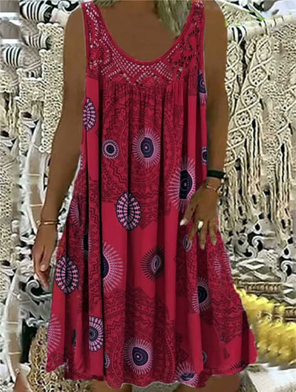 Rotes Sommerkleid mit ethnischem Muster, ärmellos, Damenmode, Boho-Stil, Baumwolle.