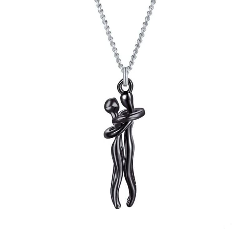 Silberne Halskette mit schwarzem Anhänger, abstrakte Umarmung, Edelstahl, Schmuck für Damen.