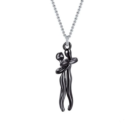 Silberne Halskette mit schwarzem Anhänger, abstrakte Umarmung, Edelstahl, Schmuck für Damen.
