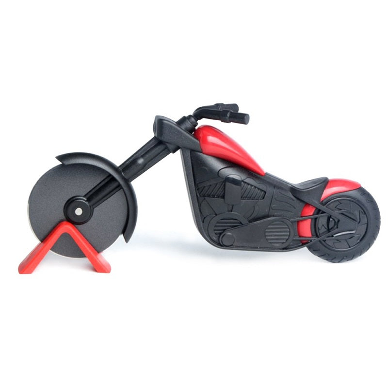 Roter Motorrad-Pizzaschneider aus Kunststoff, modernes Design, Küchenzubehör.