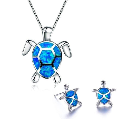 Silberne Schildkröten-Halskette und Ohrringe mit blauem Opal, Schmuckset für Damen.