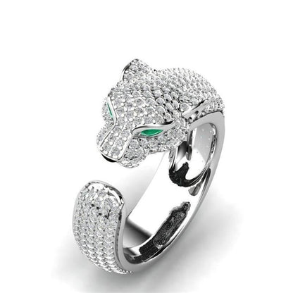 Silberner Panther-Ring mit grünen Augen, besetzt mit Diamanten, luxuriöser Schmuck.