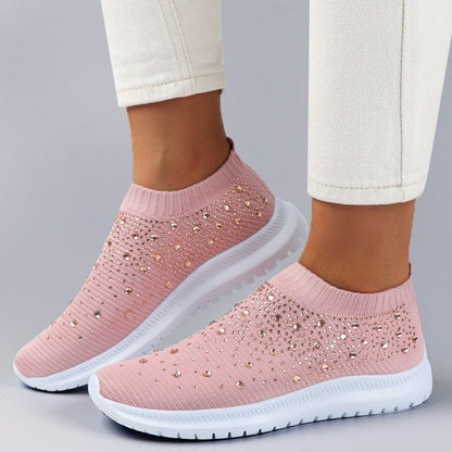 Damen Sneaker rosa Strass, atmungsaktiv, rutschfest, modisch, bequem, Freizeit, Strickmaterial.