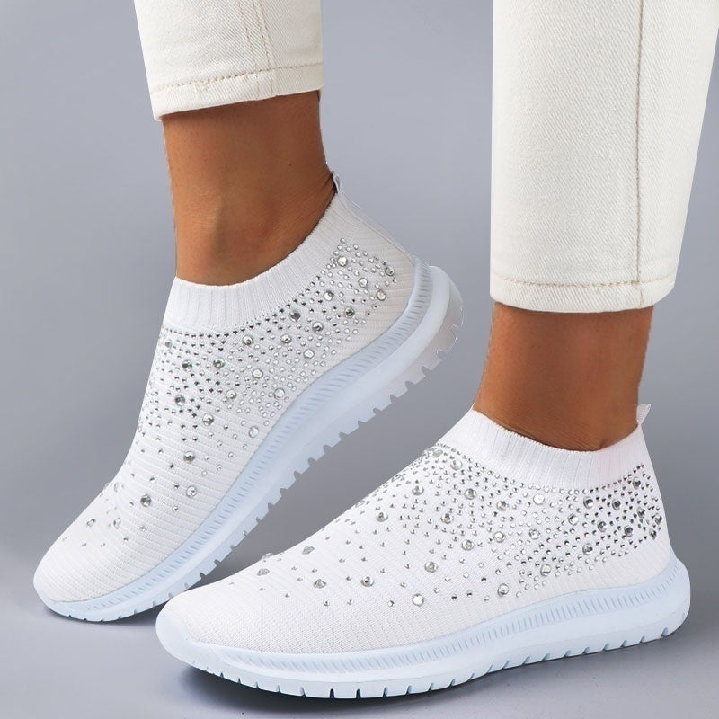 Weiße Damen-Sneaker mit Strass, atmungsaktiv, rutschfest, modisch, bequem.