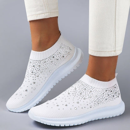Weiße Damen-Sneaker mit Strass, atmungsaktiv, rutschfest, modisch, bequem.