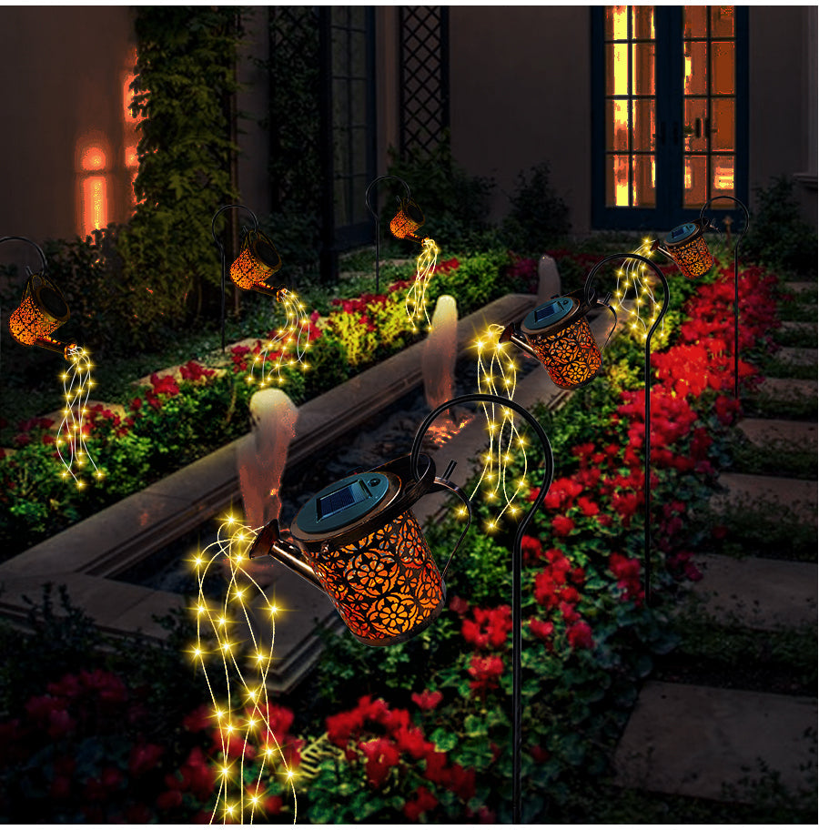 Solarlampen Gießkanne mit Lichterkette, Gartenbeleuchtung, warmweiß, dekorativ, wetterfest.