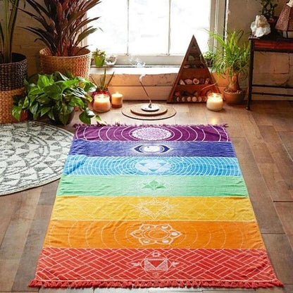 Bunte Chakra-Yogamatte aus Baumwolle, Regenbogenfarben, ideal für Meditation und Yoga.