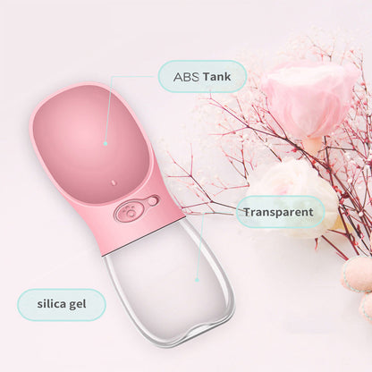 Rosa tragbare Hundewasserflasche, ABS-Tank, Silikongel, transparent, für Haustiere.