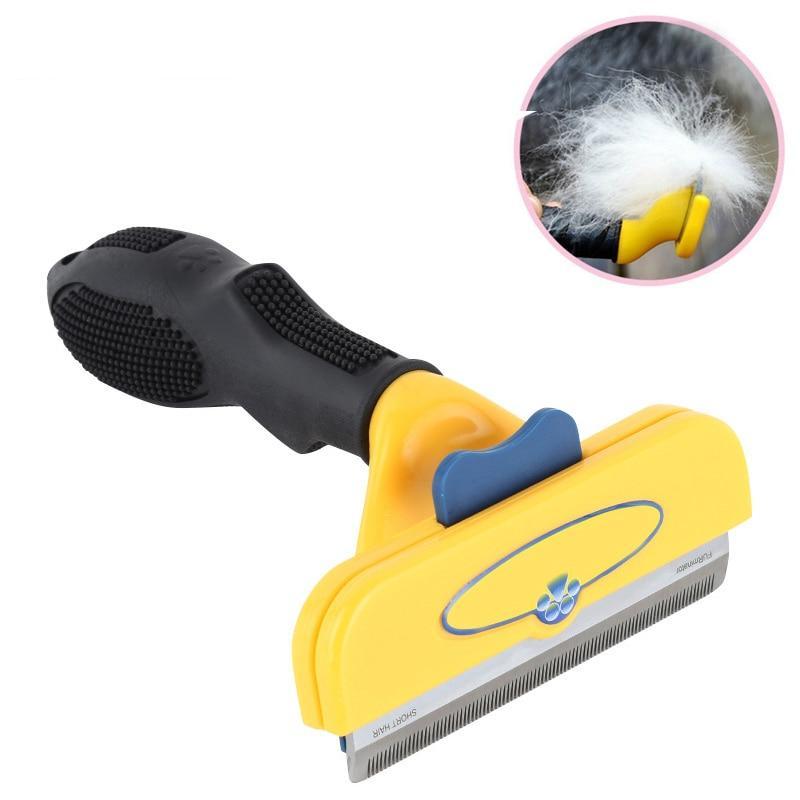 Gelber Haustier-Fellkamm mit schwarzem Griff, ideal zum Entfernen von Tierhaaren.