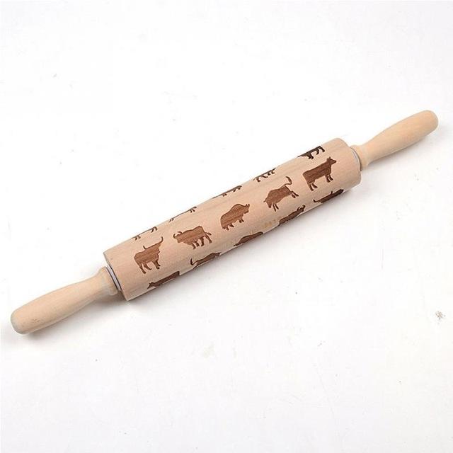 Holz-Nudelholz mit Tiermuster, geprägte Walze, Backzubehör, Küche, Teigrolle.