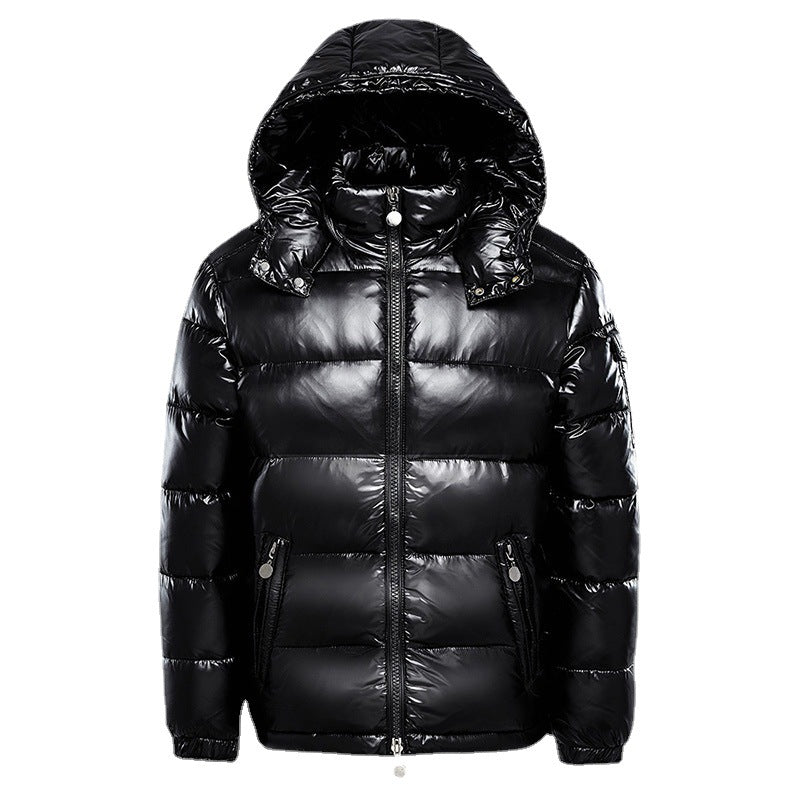 Schwarze Daunenjacke mit Kapuze, glänzend, Winterjacke, warm, modisch, Unisex.