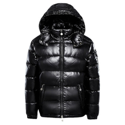Schwarze Daunenjacke mit Kapuze, glänzend, Winterjacke, warm, modisch, Unisex.