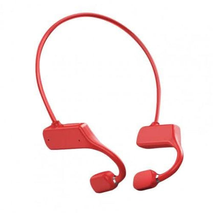 Rote kabellose Knochenschall-Kopfhörer, ergonomisches Design, ideal für Sport und Fitness.
