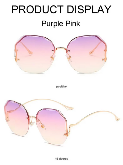 Lila-pinke Sonnenbrille, randlos, achteckig, goldene Bügel, modisch, Damenaccessoire.
