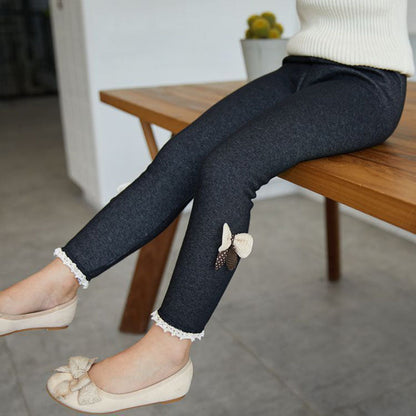 Mädchen-Leggings dunkelgrau mit Schleifen, Spitze, Baumwolle, bequem, modisch, Kinderbekleidung.