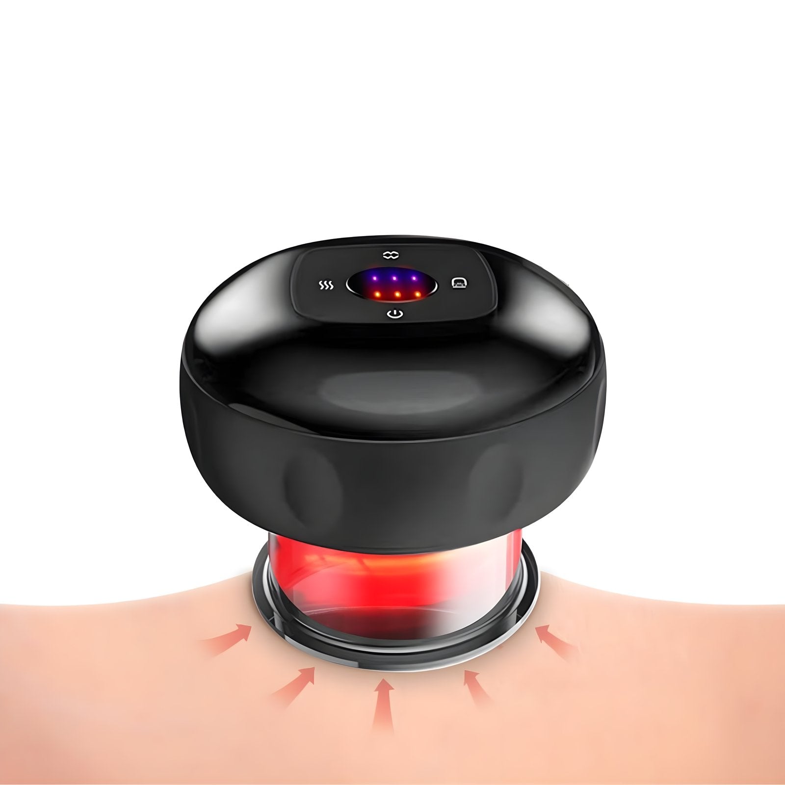 Schwarzes Massagegerät mit LED-Anzeige auf Haut, Vakuumtherapie, Schmerzbehandlung.