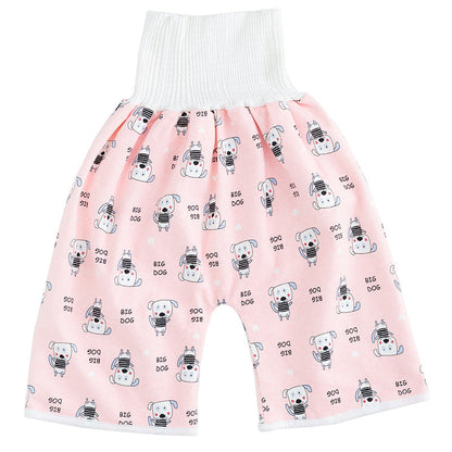 Rosa Baby-Trainingshose mit Hundenmuster, 2-in-1 Design, wiederverwendbar, Baumwolle.
