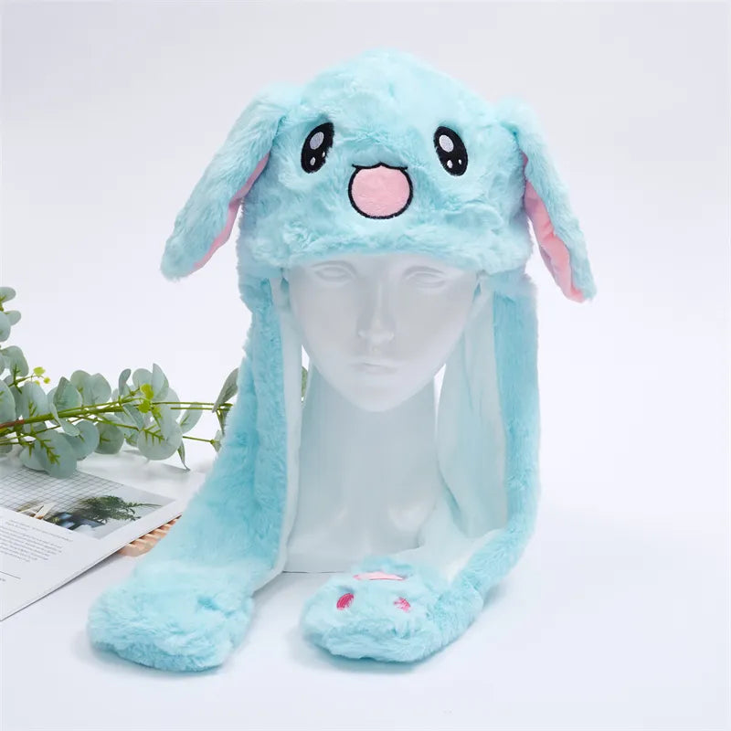 Kaninchenmütze aus blauem Plüsch mit Ohren, niedliches Design, Winteraccessoire für Kinder.