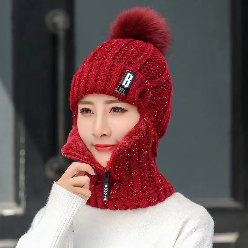 Rote Strickmütze mit Bommel, Damen Wintermütze, warm, modisch, Gesichtsschutz, Reißverschluss.