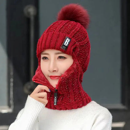 Rote Strickmütze mit Bommel, Damen Wintermütze, warm, modisch, Gesichtsschutz, Reißverschluss.