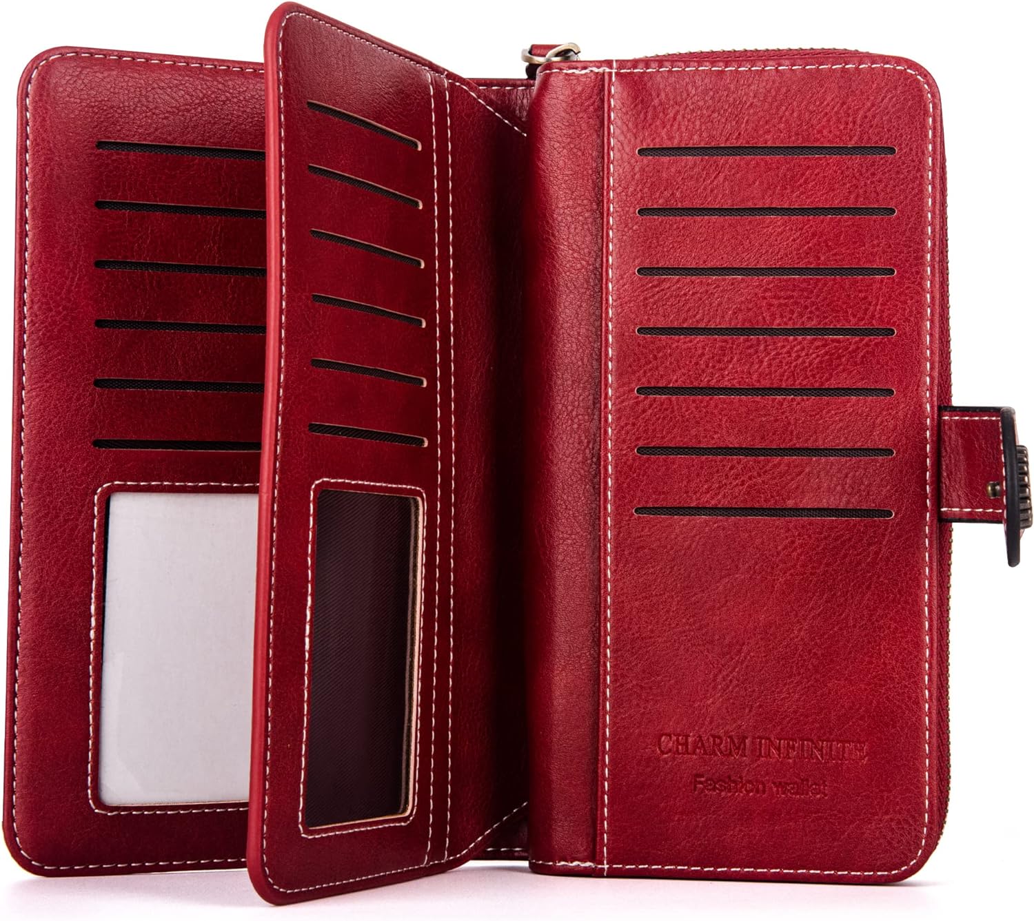 Rote Damen-Geldbörse aus Leder mit Kartenfächern und Sichtfenster, stilvoll und praktisch.