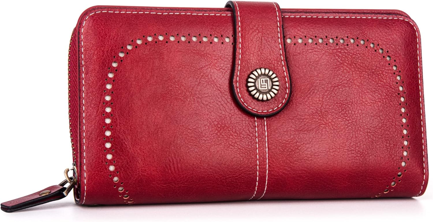 Rote Damen-Lederbrieftasche mit Druckknopfverschluss und Ziernähten.