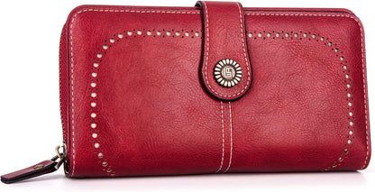 Rote Damen-Lederbrieftasche mit Druckknopfverschluss und Ziernähten.