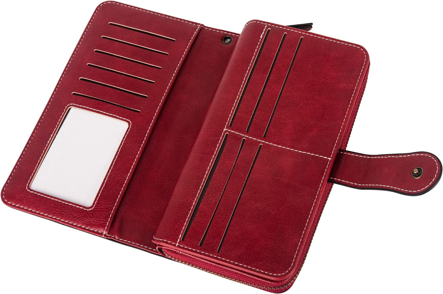 Rote Leder-Geldbörse mit Kartenfächern und Druckknopfverschluss, stilvoll und funktional.
