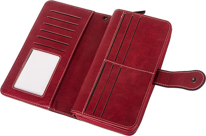 Rote Leder-Geldbörse mit Kartenfächern und Druckknopfverschluss, stilvoll und funktional.