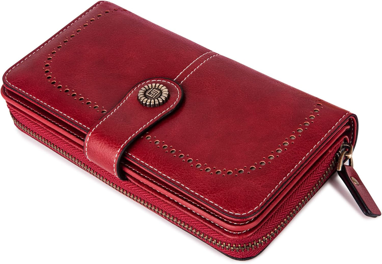 Rote Damen-Geldbörse aus Leder mit Reißverschluss und Knopf, elegant und stilvoll.