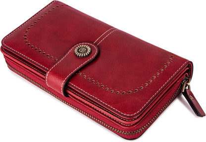 Rote Damen-Geldbörse aus Leder mit Reißverschluss und Knopf, elegant und stilvoll.