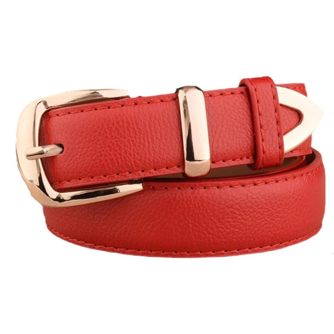 Roter Ledergürtel mit goldener Schnalle, modisches Accessoire für Damen.