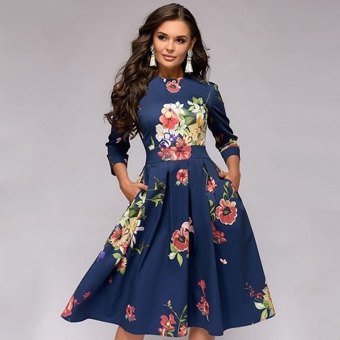 Retro klänning med höstig blommönster – Florina