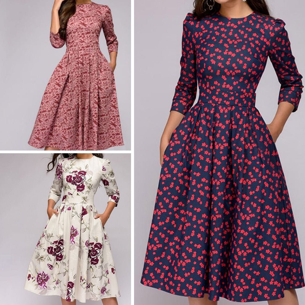Retro klänning med höstig blommönster – Florina