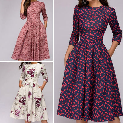 Retro klänning med höstig blommönster – Florina