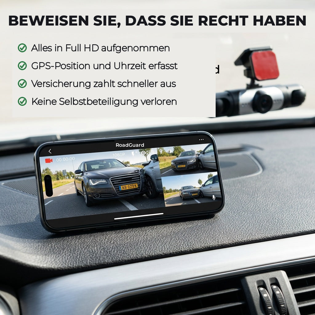 Mobiltelefon på instrumentbrädan visar kamerans inspelning av en bilkollision, med kameran fastsatt i bakgrunden. 5