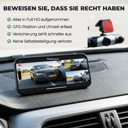 Mobiltelefon på instrumentbrädan visar kamerans inspelning av en bilkollision, med kameran fastsatt i bakgrunden. 5