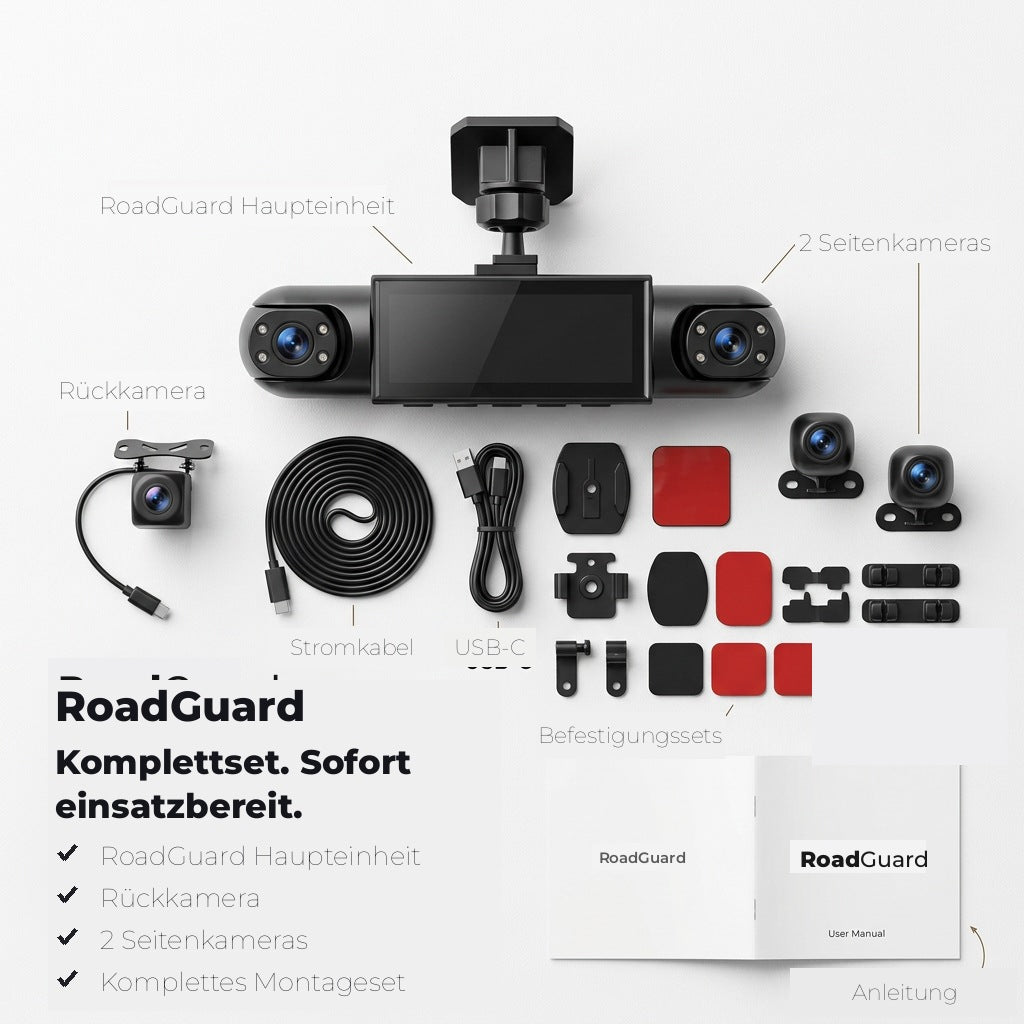 Flat lay med huvudenhet, bakre kamera, två sidokameror, kablar, fästen och bruksanvisning utlagda på vit bakgrund. 6